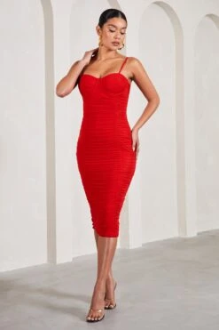 Love Tapes | Red Corset Mesh Midi Dress -Sangyong Store WB CL126742004 LoveTapesRedCorsetMeshMidiDress1