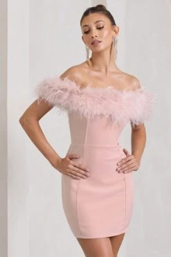Pure Delight | Pink Bardot Feather Mini Dress -Sangyong Store WB CL127039030 PureDelightNudeBardotFeatherMiniDress0