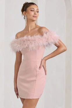 Pure Delight | Pink Bardot Feather Mini Dress -Sangyong Store WB CL127039030 PureDelightNudeBardotFeatherMiniDress1