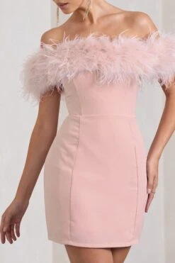 Pure Delight | Pink Bardot Feather Mini Dress -Sangyong Store WB CL127039030 PureDelightNudeBardotFeatherMiniDress3
