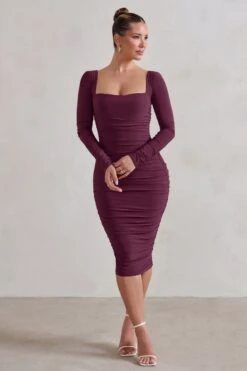Seductress | Burgundy Square Neck Bodycon Midi Dress With Long Sleeves -Sangyong Store WB CL127075158 Seductress BurgundySquareNeckBodyconMidiDressWithLongSleeves0