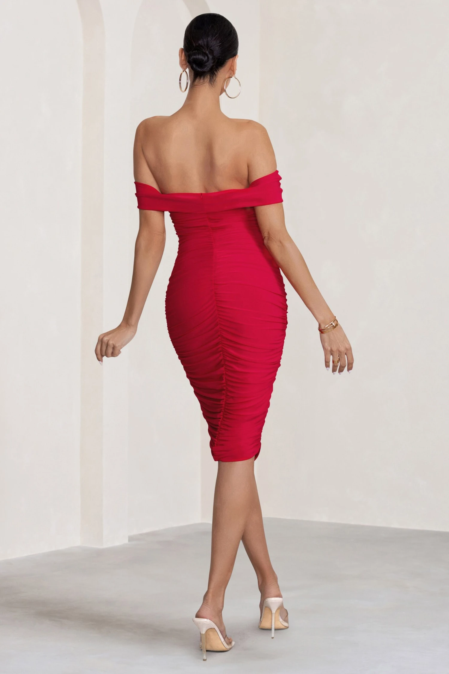 Gratitude | Red Off The Shoulder Ruched Midi Dress 4 Gratitude | Red Off The Shoulder Ruched Midi Dress - Image 2