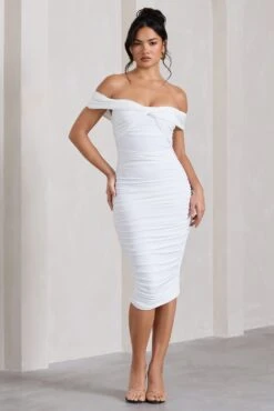 Gratitude | White Off The Shoulder Ruched Midi Dress -Sangyong Store WB CL127088005 GratitudeWhiteOffShoulderRuchedMidiDress2