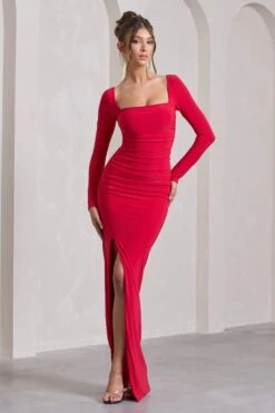My Pleasure | Red Square Neck Ruched Maxi Dress