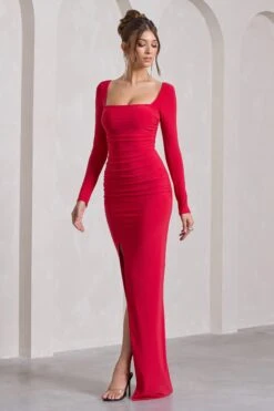 My Pleasure | Red Square Neck Ruched Maxi Dress -Sangyong Store WB CL127114004 MyPleasureRedSquareNeckRuchedMaxiDress7