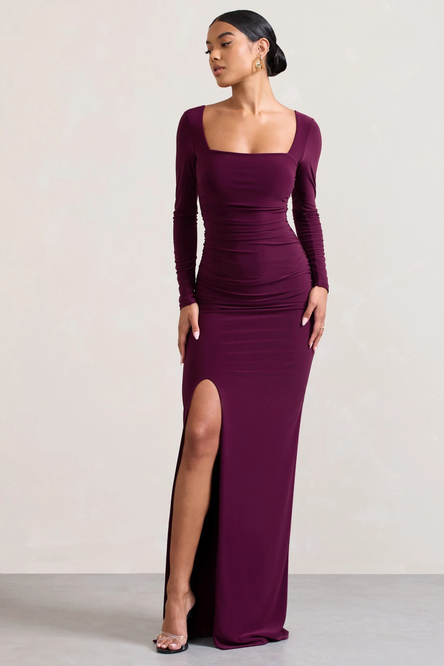 My Pleasure | Burgundy Square Neck Ruched Maxi Dress 3 My Pleasure | Burgundy Square Neck Ruched Maxi Dress