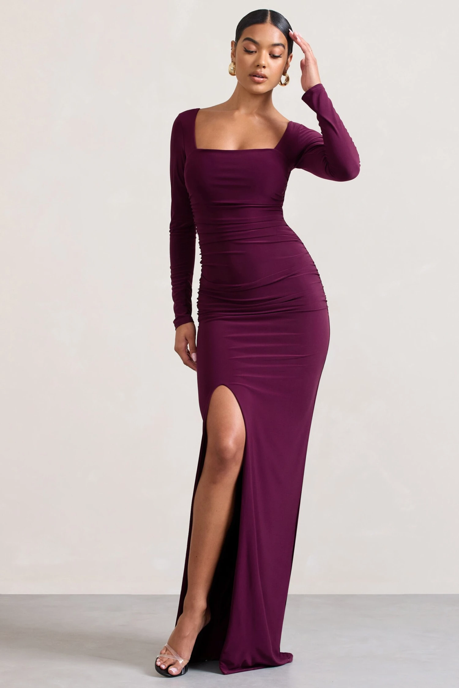 My Pleasure | Burgundy Square Neck Ruched Maxi Dress 6 My Pleasure | Burgundy Square Neck Ruched Maxi Dress - Image 4