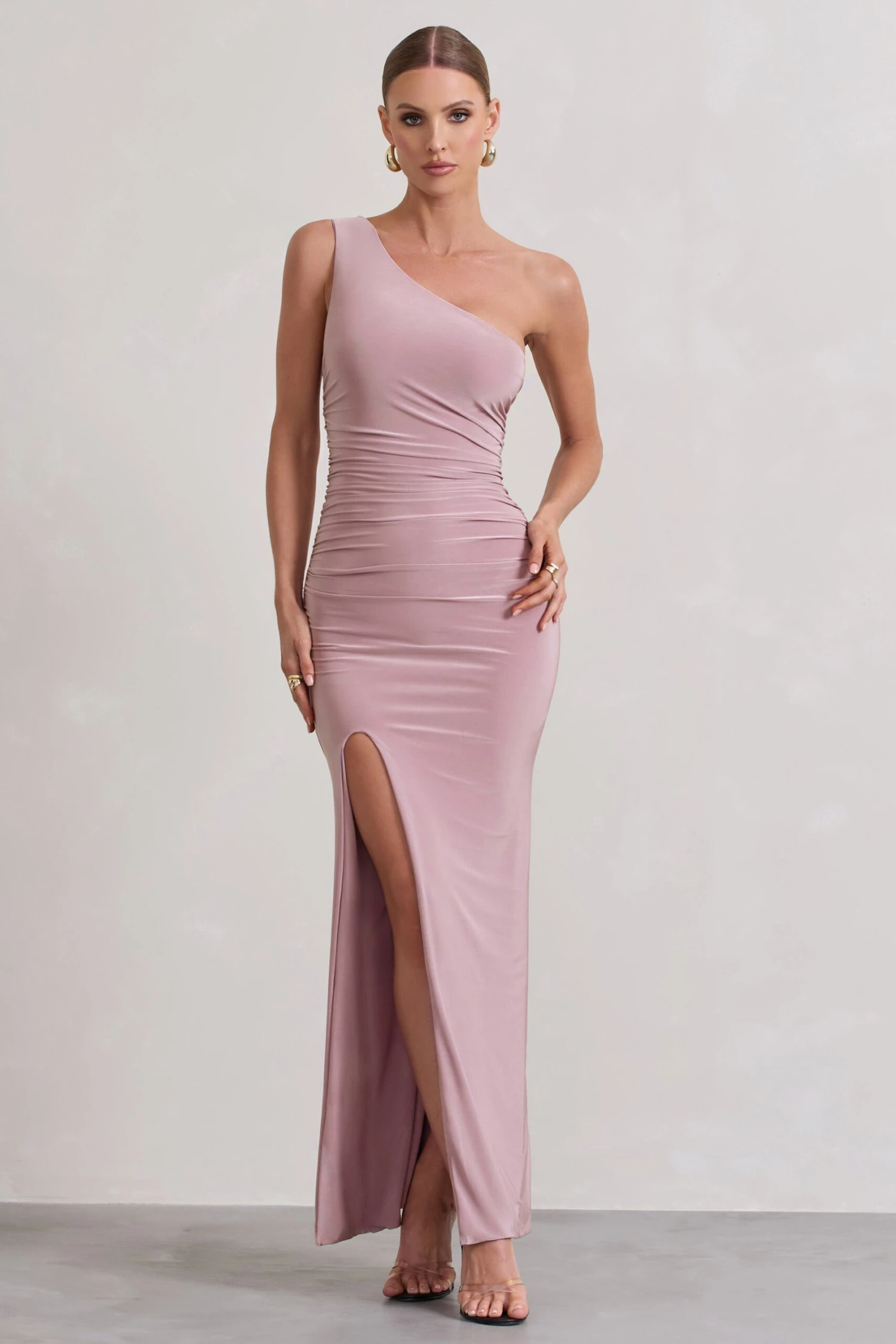 Ethereal | Dusky Lilac One Shoulder Ruched Split Maxi Dress 7 Ethereal | Dusky Lilac One Shoulder Ruched Split Maxi Dress - Image 5