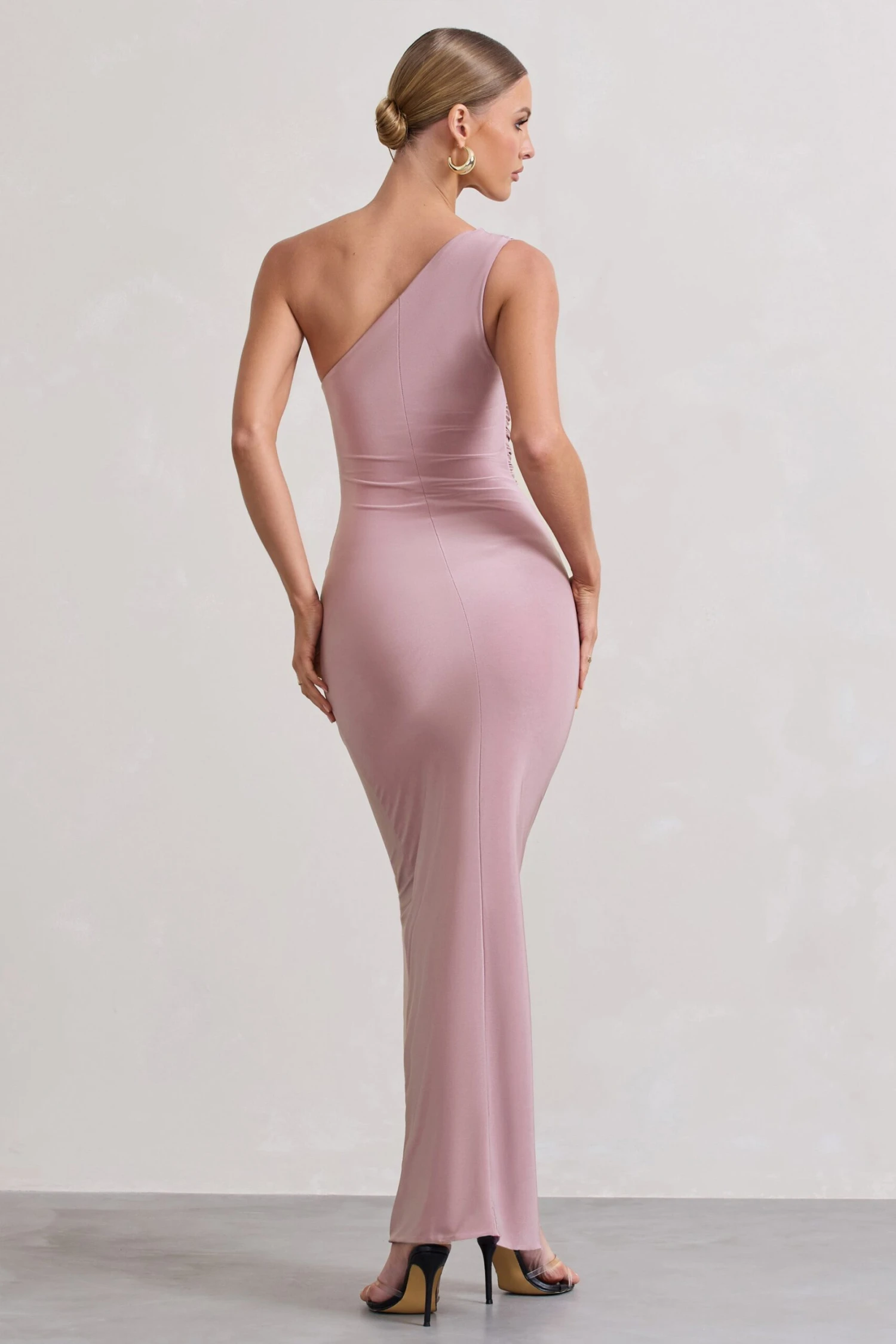 Ethereal | Dusky Lilac One Shoulder Ruched Split Maxi Dress 4 Ethereal | Dusky Lilac One Shoulder Ruched Split Maxi Dress - Image 2