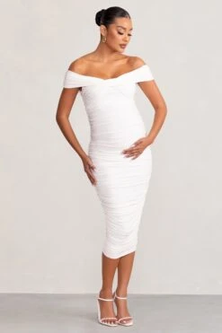 Perfection | White Maternity Bardot Knot Ruched Midi Dress -Sangyong Store WB CL127157 PerfectionWhiteMaternityBardotKnotRuchedMidaxiDress1 70bafd9a cc9a 4d36 84d9 b87886008884