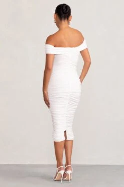 Perfection | White Maternity Bardot Knot Ruched Midi Dress -Sangyong Store WB CL127157 PerfectionWhiteMaternityBardotKnotRuchedMidaxiDress4 cd0cf939 c6e4 4c3c 92ab 3750c65a0e4d