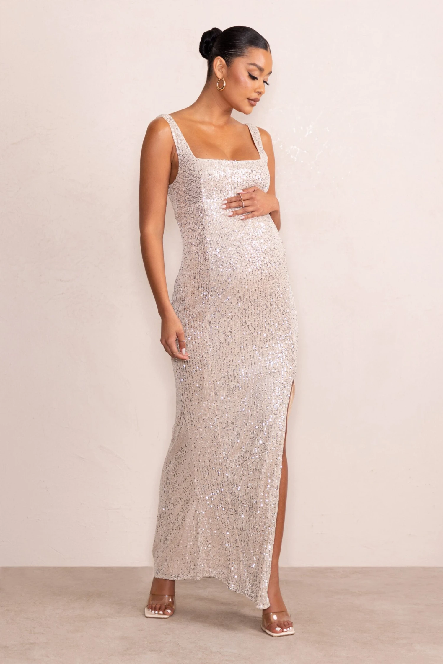 Sparkle Mama | Nude Maternity Sequin Split Hem Maxi Dress 3 Sparkle Mama | Nude Maternity Sequin Split Hem Maxi Dress