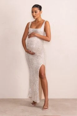 Sparkle Mama | Nude Maternity Sequin Split Hem Maxi Dress 9 Sparkle Mama | Nude Maternity Sequin Split Hem Maxi Dress -Sangyong Store WB CL127158 SparkleMamaNudeMaternitySequinSplitHemMaxiDress3