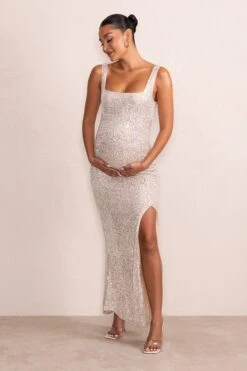 Sparkle Mama | Nude Maternity Sequin Split Hem Maxi Dress 11 Sparkle Mama | Nude Maternity Sequin Split Hem Maxi Dress -Sangyong Store WB CL127158 SparkleMamaNudeMaternitySequinSplitHemMaxiDress4