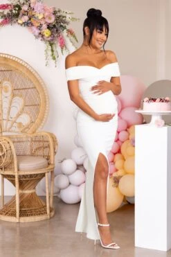 Worth The Wait | Ivory Maternity Ruched Bardot Split Hem Maxi Dress