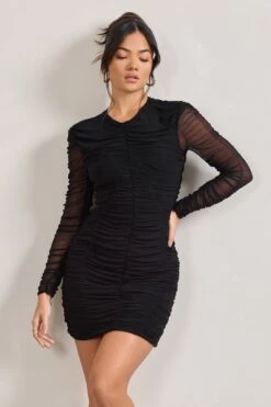 Euphoria | Black Ruched Long Sleeve Mini Dress 11 Euphoria | Black Ruched Long Sleeve Mini Dress -Sangyong Store WB CL127184002 Euphoria BlackRuchedLongSleeveMiniDress2