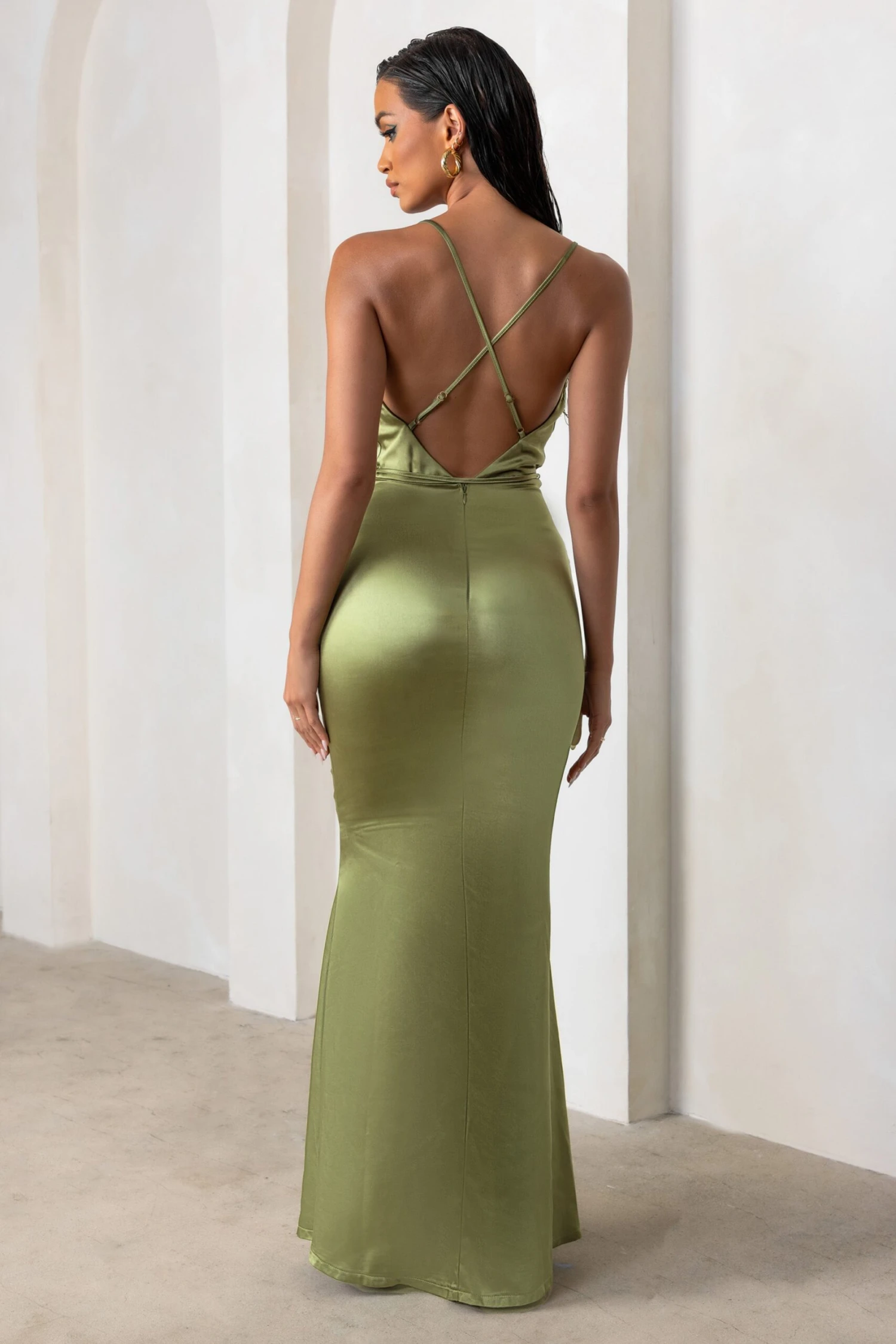Lifetime | Olive Satin Cowl Neck Maxi Dress With Cross Back Detail 4 Lifetime | Olive Satin Cowl Neck Maxi Dress With Cross Back Detail - Image 2