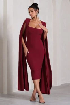 Flawless | Berry Square Neck Midi Dress With Cape Sleeves -Sangyong Store WB CL127209037 FlawlessBerrySquareNeckMidiDressWithCapeSleeves1