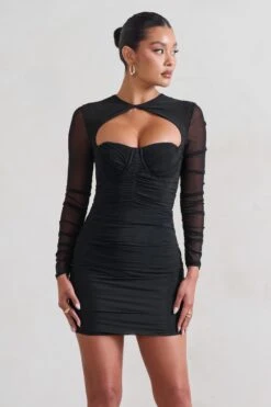 Daiquiri | Black Ruched Cut Out Mesh Mini Dress With Long Sleeves -Sangyong Store WB CL127288 Daiquiri BlackRuchedCutOutMeshMiniDressWithLongSleeves2