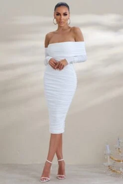 Riga | White Bardot Ruched Midi Dress With Long Sleeves -Sangyong Store WB CL127320 RigaWhiteBardotDetailRuchedMidiDress1