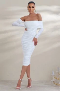 Riga | White Bardot Ruched Midi Dress With Long Sleeves