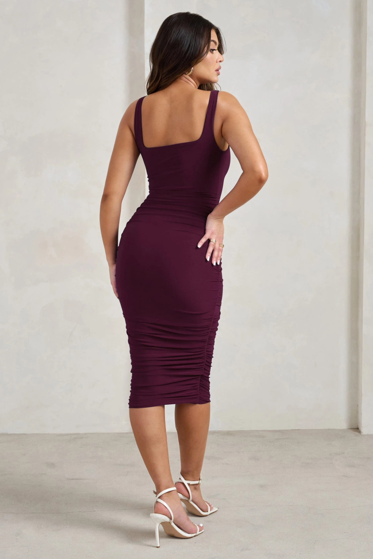Lisbon | Plum Square Neck Ruched Midi Dress 4 Lisbon | Plum Square Neck Ruched Midi Dress - Image 2