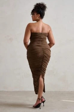 My Lady | Chocolate Brown Strapless Bodycon Ruched Mesh Maxi Dress -Sangyong Store WB CL127347 MyLady ChocolateBrownStraplessBodyconRuchedMeshMidiDress5