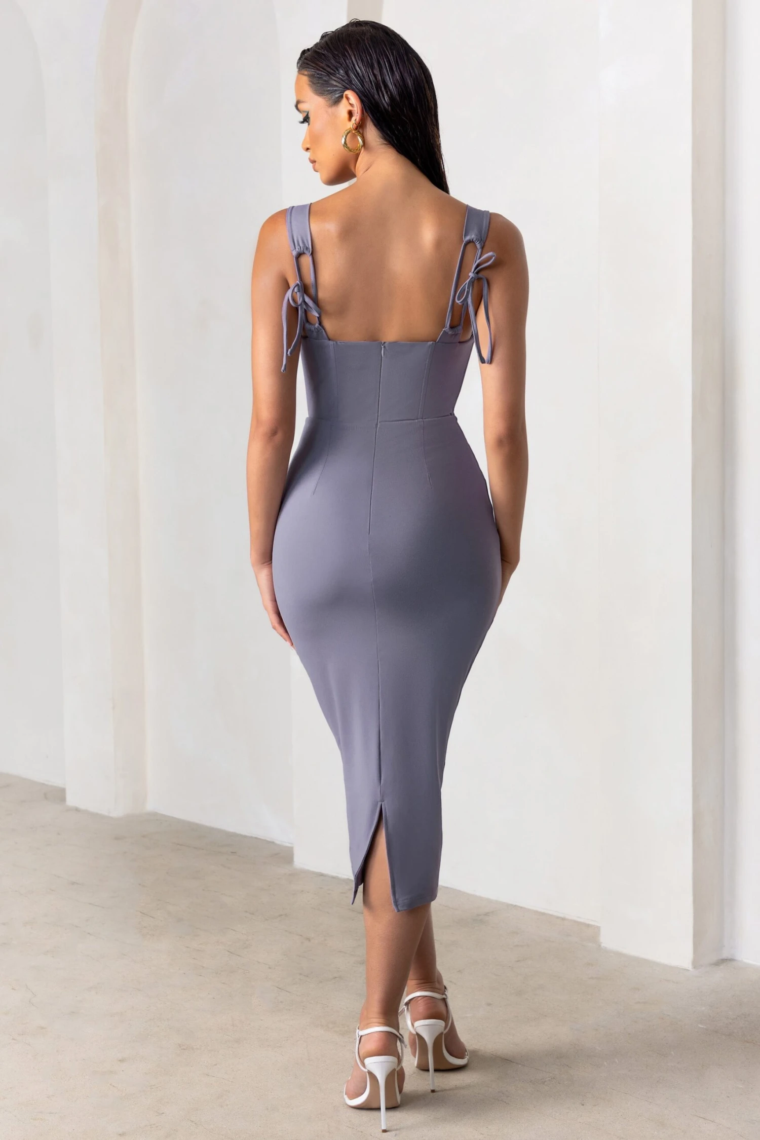 Charming | Dove Grey Square Neck Corset Midi Dress 4 Charming | Dove Grey Square Neck Corset Midi Dress - Image 2