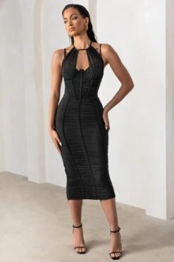 Liveliness | Black Halter Neck Midi Dress With Mesh Overlay 9 Liveliness | Black Halter Neck Midi Dress With Mesh Overlay -Sangyong Store WB CL127460 LivelinessBlackAsymmetricNeckCutOutRuchedMeshMidiDress1