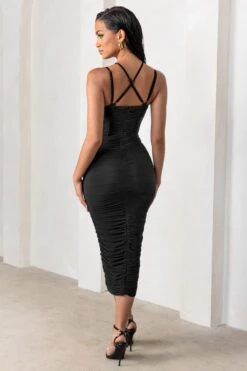 Liveliness | Black Halter Neck Midi Dress With Mesh Overlay 7 Liveliness | Black Halter Neck Midi Dress With Mesh Overlay -Sangyong Store WB CL127460 LivelinessBlackAsymmetricNeckCutOutRuchedMeshMidiDress5