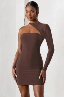 Perfect Touch | Chocolate One Shoulder Long Sleeve Mini Dress -Sangyong Store WB CL127623 PerfectTouchChocolateOneSleeveCutOutLongSleeveMiniDress0