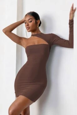 Perfect Touch | Chocolate One Shoulder Long Sleeve Mini Dress -Sangyong Store WB CL127623 PerfectTouchChocolateOneSleeveCutOutLongSleeveMiniDress7