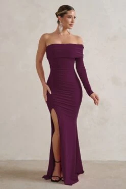 Meghan | Plum Bardot Neck Thigh Split Fishtail Maxi Dress -Sangyong Store WB CL127640069MeghanPlumBardotNeckThighSplitFishtailMaxiDress00001