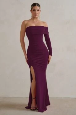 Meghan | Plum Bardot Neck Thigh Split Fishtail Maxi Dress -Sangyong Store WB CL127640069MeghanPlumBardotNeckThighSplitFishtailMaxiDress00002