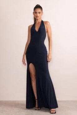 Dania | Dark Navy Plunge Neck Halter Low Back Maxi Dress With Diamante Trim