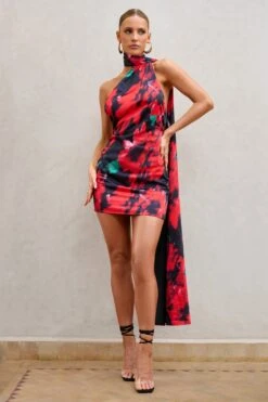Nasira | Black Floral Asymmetric Neck Open Back Mini Dress With Scarf Detail -Sangyong Store WB CL127656 NasiraBlackFloralAsymmetricNeckOpenBackMiniDressWithScarfDetail3