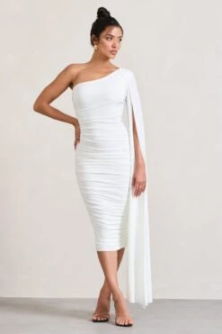 Yara | White One Shoulder Cape Ruched Midi Dress -Sangyong Store WB CL127661005 YaraWhiteOneShoulderCapeRuchedMidiDress3