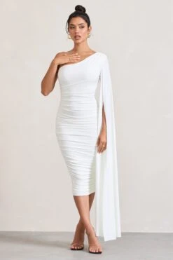 Yara | White One Shoulder Cape Ruched Midi Dress -Sangyong Store WB CL127661005 YaraWhiteOneShoulderCapeRuchedMidiDress4
