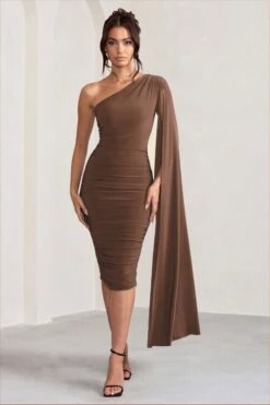 Yara | Chocolate Brown One Shoulder Cape Ruched Midi Dress -Sangyong Store WB CL127661106 YaraChocolateOneShoulderCapeRuchedMidiDress0