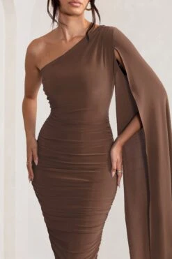 Yara | Chocolate Brown One Shoulder Cape Ruched Midi Dress -Sangyong Store WB CL127661106 YaraChocolateOneShoulderCapeRuchedMidiDress3