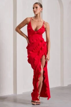 Run The World | Red Plunge Neckline Ruffle Maxi Dress -Sangyong Store WB CL127687004 RunTheWorldRedSweetheartNecklineRuffleMaxiDress2