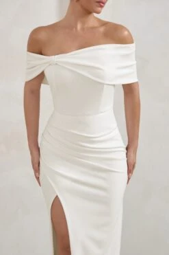 Eva | White Bardot Bow Detail Maxi Dress With Thigh Split -Sangyong Store WB CL127770 EvaWhiteBardotBowDetailMaxiDressWithThighSplit5