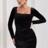 Muse | Black Velvet Long Sleeve Square Neck Ruched Mini Dress