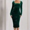 Seductress | Bottle Green Velvet Square Neck Bodycon Midi Dress With Long Sleeves -Sangyong Store WB CL127976047 SeductressBottleGreenVelvetSquareNeckBodyconMidiDressWithLongSleeves2