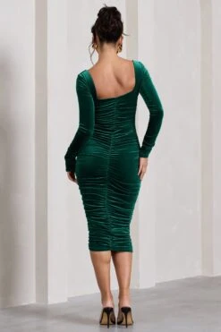 Seductress | Bottle Green Velvet Square Neck Bodycon Midi Dress With Long Sleeves -Sangyong Store WB CL127976047 SeductressBottleGreenVelvetSquareNeckBodyconMidiDressWithLongSleeves6