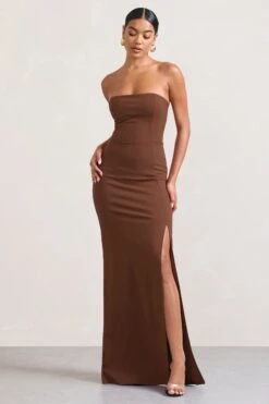 Belle Of The Ball | Brown Bandeau Maxi Dress With Split Hem