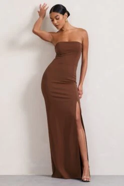 Belle Of The Ball | Brown Bandeau Maxi Dress With Split Hem -Sangyong Store WB CL127995 BelleofTheBallBrownBandeauMaxiDressWithSplitHem8
