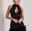 Tillie | Black Sequin High Neck Trapeze Mini Dress With Feather Hem Detail -Sangyong Store WB CL128026002 TillieBlackSequinHighNeckTrapezeMiniDressWithFeatherHemDetail0