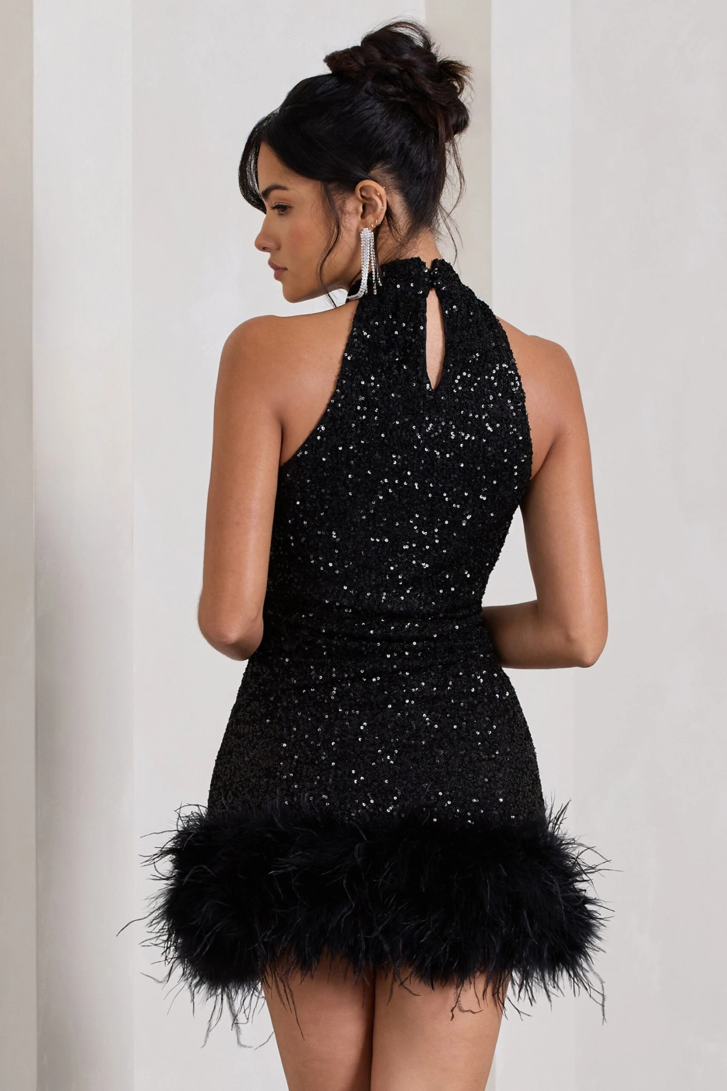 Tillie | Black Sequin High Neck Trapeze Mini Dress With Feather Hem Detail 4 Tillie | Black Sequin High Neck Trapeze Mini Dress With Feather Hem Detail - Image 2