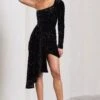 Lorena | Black Sequin Velvet One Shoulder Mini Dress With Drape Detail 1 Lorena | Black Sequin Velvet One Shoulder Mini Dress With Drape Detail -Sangyong Store WB CL128032002 LorenaBlackSequinVelvetOneShoulderMiniDressWithDrapeDetail0